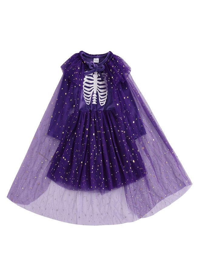 Yccutest Toddler Halloween Velvet Tutu Dress + Tulle Cape Baby Girl 2 Piece Pumpkin Costume Halloweeen Skeleton Dress Set (Purple,3-4 Years) - Image 1
